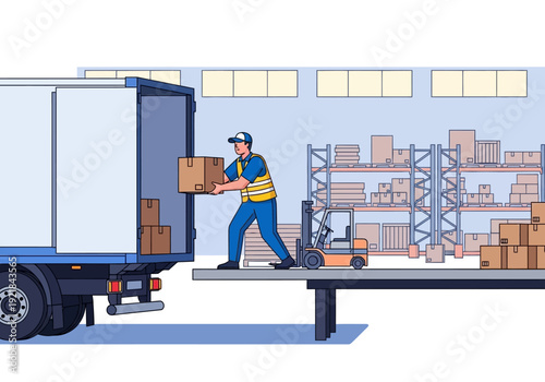 Cartoon Delivery Worker Unloading Boxes from Truck at Warehouse Dock