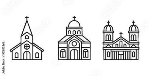 Christian church building line icons set with steeple and dome architecture for religious concepts