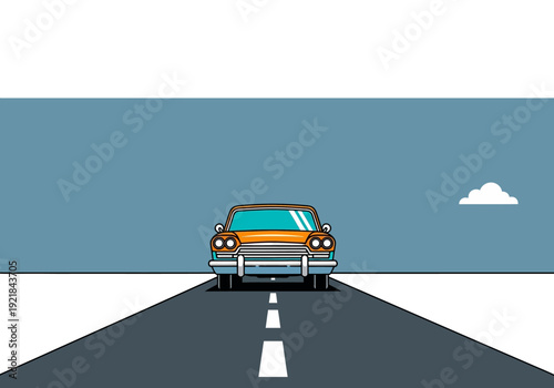 Orange Classic Car on Road Illustration with Blue Sky