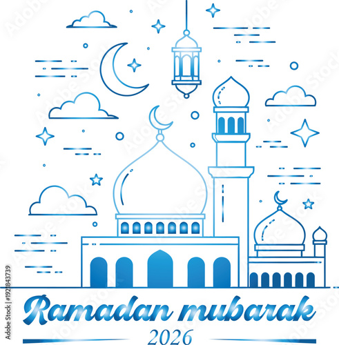 A blurry blue and white illustration of a building with Ramadan Mubarak 2026 various symbols and text