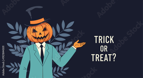 Tall character with a carved pumpkin head wearing a formal suit and top hat gestures politely, creating a spooky and elegant Halloween illustration.