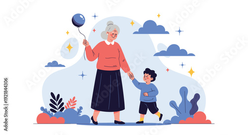 Happy senior grandmother holds a blue balloon while walking hand in hand with her young grandson through a park with clouds and stars in the sky.