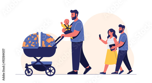 Young father walks outdoors carrying his baby in a front carrier while pushing a stroller along a path on a bright and sunny day with friends.