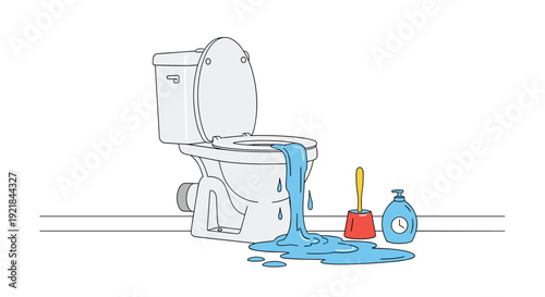 Clogged white toilet in a bathroom overflows with blue water spilling onto the floor next to a toilet brush and liquid cleaning soap bottle.