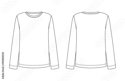 Front and back longsleeve technical drawing, longsleeve template for women casual apparel design, clean flat outline ready for branding and ecommerce use.