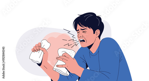Distressed young man wearing a blue shirt sneaks or coughs into white tissues while feeling unwell and suffering from symptoms of a cold or flu.