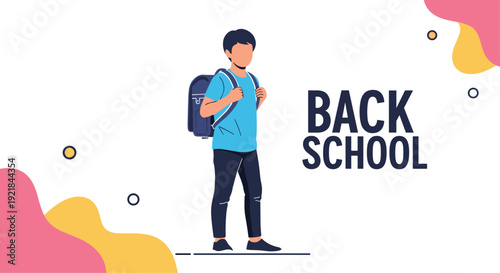 Male student with a dark backpack stands next to bold back to school text on a background with colorful abstract shapes and geometric patterns.