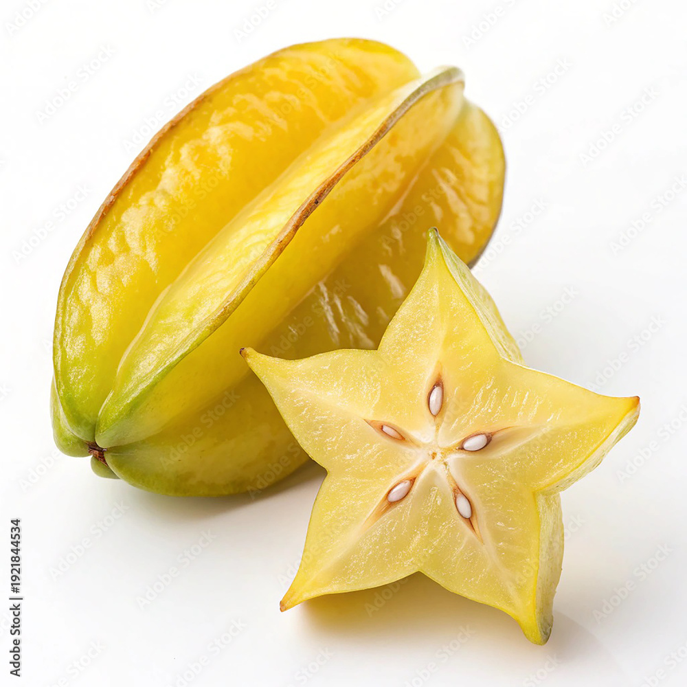 Fototapeta premium Ripe Tropical Starfruit with Star-Shaped Slice and Seeds