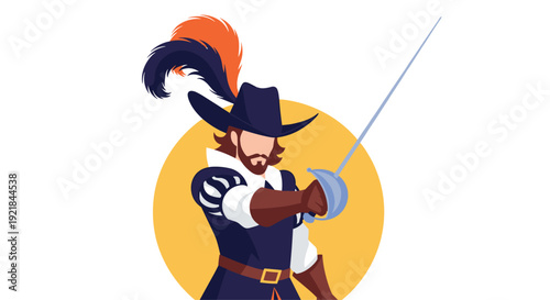 Brave musketeer character in a traditional blue uniform and a plumed hat stands ready with his sword against a bright yellow circular background.