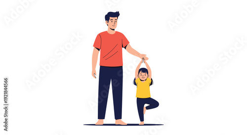 Caring father assists his young daughter while she practices a yoga tree pose for health and balance in their home during a morning session.