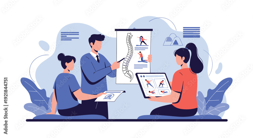 Fototapeta premium Medical professionals discuss spinal health and physical therapy exercises using a chart and tablet in a clinic.