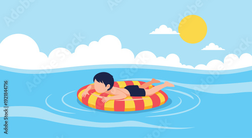 Young boy swims happily in the blue ocean waves using a yellow and red striped lifebuoy on a sunny summer day.