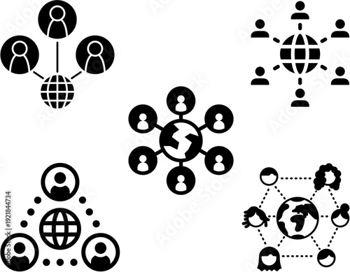 Black and white icons illustrating global communication, social networks, and worldwide community connections.