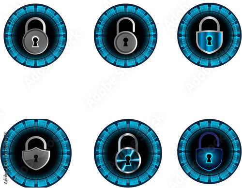 Six circular icons depicting various padlocks and security symbols with futuristic blue and black backgrounds.