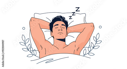 Man sleeping peacefully in bed with his hands behind his head, dreaming comfortably on a white pillow with subtle leaf decorations.