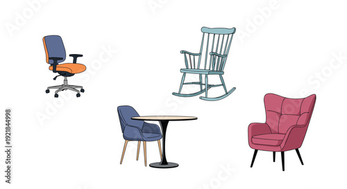 Variety of chair styles including an office chair, a rocking chair, a dining chair, and an armchair, displayed with a small round table.