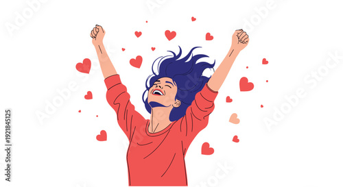 Vibrant woman with purple hair throwing her arms up in excitement and joy, surrounded by red and pink hearts for a celebration theme.
