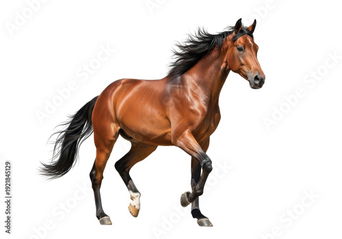 Majestic brown horse with flowing mane and tail in motion on black background