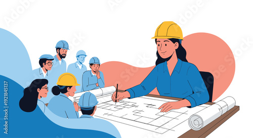 Female architect or engineer in a yellow hard hat leading a team of workers while reviewing blueprints on a large desk in an office.