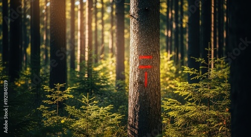 Sunlight filters through a densely planted timber stand, ready for selective harvesting operations in a sustainable woodlot environment, commercial, treefarm, timber
