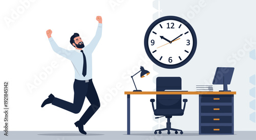 Successful businessman jumping for joy in his office next to his desk and a large wall clock, celebrating a timely achievement or goal.