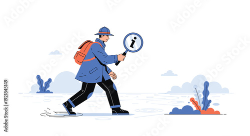 Explorer or detective character walking through a landscape while holding a large magnifying glass with an information icon inside it.