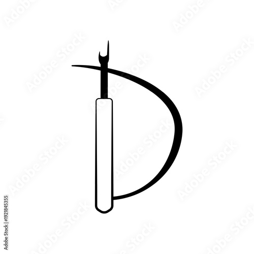 Vector illustration of the letter D made from a needle and a seam ripper.
