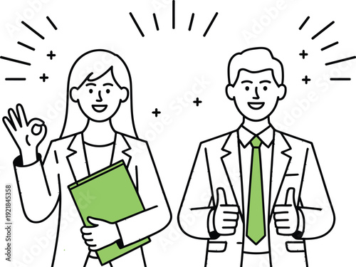 Confident business duo giving thumbs up and okay sign in modern illustration
