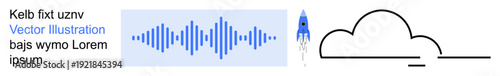 Audio technology, innovation, startup concepts, cloud computing, futuristic designs, modern communication. Abstract visuals include sound waves, a rocket and a cloud. Audio technology and innovation