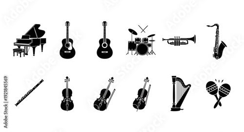 Collection of Musical Instruments Silhouettes for Music Lovers.