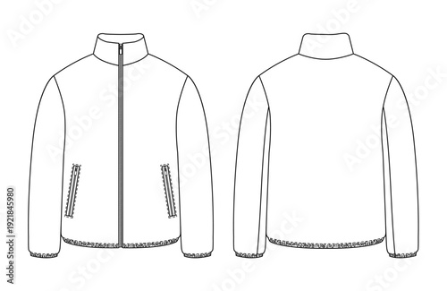 Front and back jacket technical drawing, jacket template for men outerwear design, clean flat outline ideal for apparel branding and ecommerce catalog use.