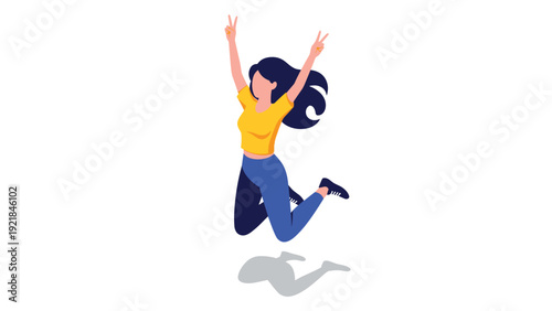Joyful young girl with long dark hair jumping high in the air while showing peace signs with both hands on a plain white background.