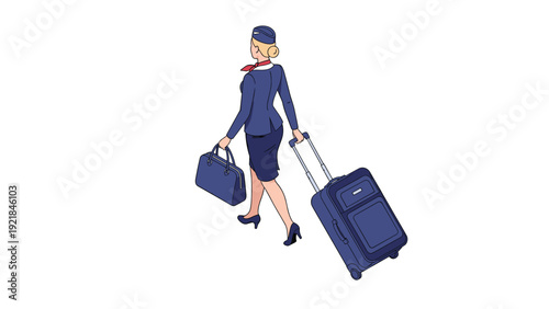 Professional female flight attendant in uniform walking with a rolling suitcase and a handheld bag during a travel assignment in isometric view.