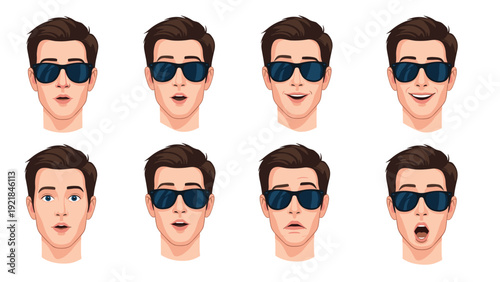 Male character head illustrations showing different facial expressions including happy, surprised, angry, and neutral with sunglasses.