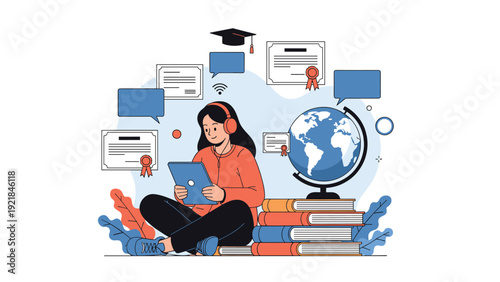 Young student sitting on the floor with a tablet and surrounded by books, a globe, and certificates representing global online education success.