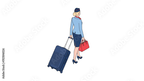 Back view of a professional female flight attendant in a blue uniform walking with a rolling suitcase and a red travel bag for a flight.