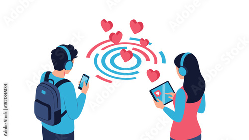 Young boy and girl using a smartphone and tablet respectively while surrounded by floating hearts representing digital romance and online dating.