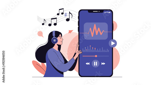 Creative young woman with headphones interacting with audio waves and music player interface on a giant smartphone in flat style.