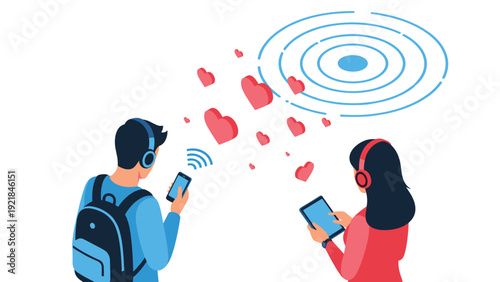 Young boy and girl using mobile devices while hearts and circular target patterns float above them representing digital marketing and dating.