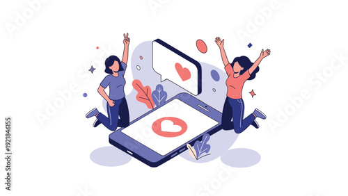 Two happy girls jumping for joy next to a giant smartphone displaying hearts representing social media popularity and online connection.