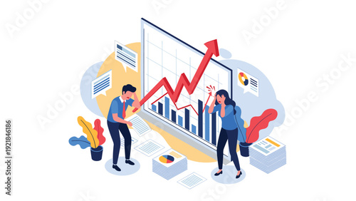 Worried office workers analyze negative financial results on large screen with downward red arrow and cluttered paperwork.