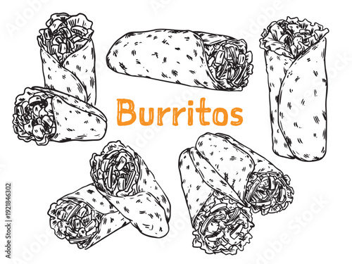 Set of hand drawn Burritos outline drawing illustration