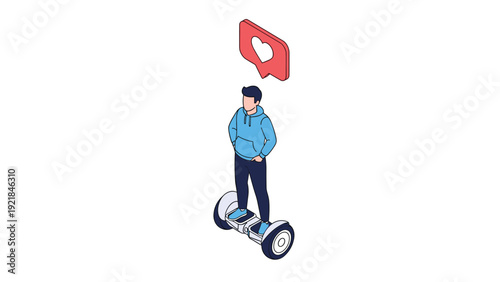 Young man in blue hoodie riding self balancing hoverboard while heart notification bubble floats above his head.