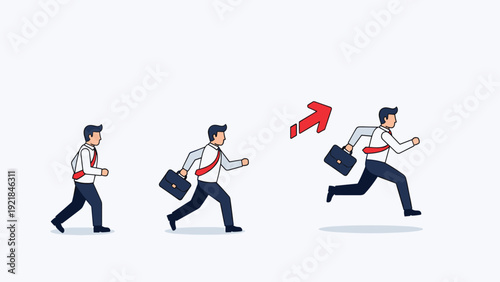 Career progress sequence shows businessman walking then running faster with red arrow indicating advancement and speed.