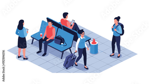 Passengers in airport terminal wait for flights while sitting on benches and walking with suitcases near trash bin.