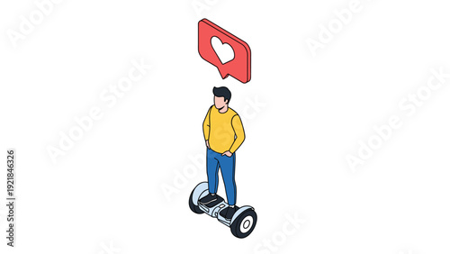 Young man in yellow sweater riding electric hoverboard with red heart notification icon floating above his head.