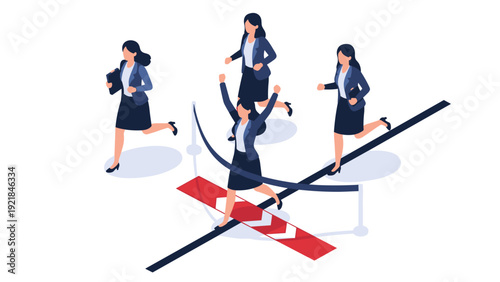 Group of professional business women racing and crossing finish line tape to achieve success in competitive work.