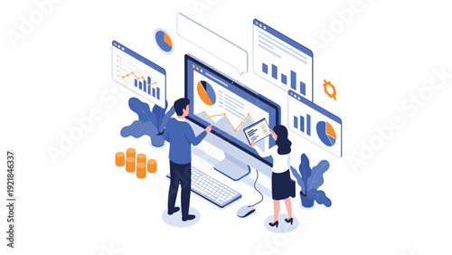 Male and female professionals analyze business data and statistics on large computer screen with isometric charts.