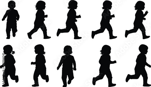 Set of silhouettes showing small children and toddlers running playing and walking in different poses isolated on a plain white background