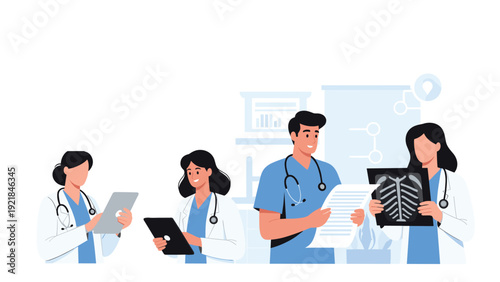 Diverse medical team of doctors and nurses in uniform holding digital tablets and examining chest X-ray together.